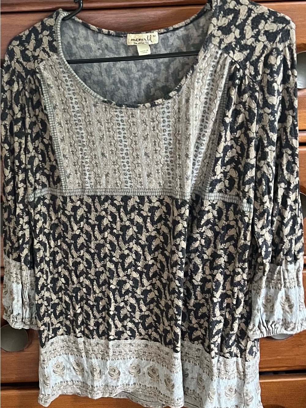 ONE WORLD Black and Cream Boho Patchwork Tunic Top